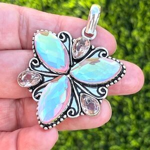Unique Rainbow Fire & Peach Topaz Gemstone Silver 2.3” Pendant